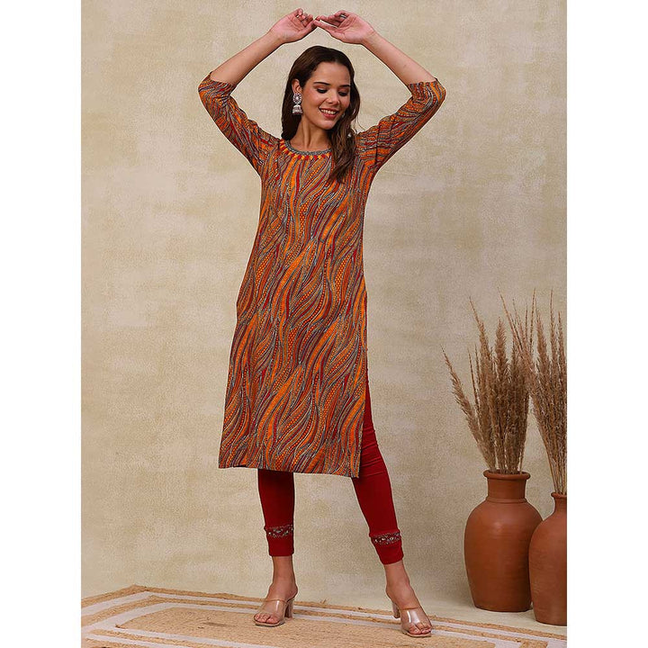 FASHOR Printed Embroidered Kurta - Mustard & Multi