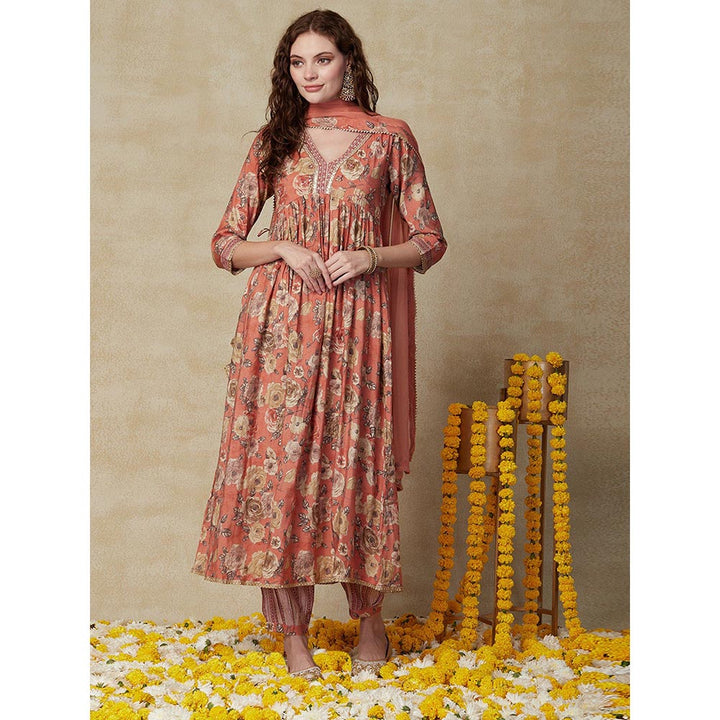 FASHOR Printed Kurta with Pant & Dupatta - Peach (Set of 3)