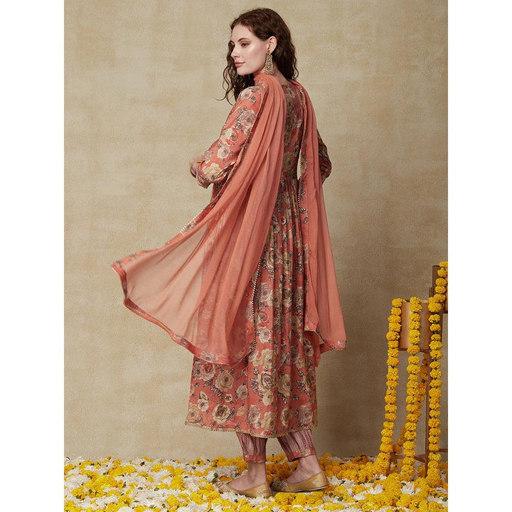 FASHOR Printed Kurta with Pant & Dupatta - Peach (Set of 3)