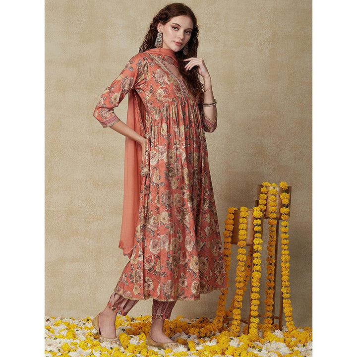 FASHOR Printed Kurta with Pant & Dupatta - Peach (Set of 3)