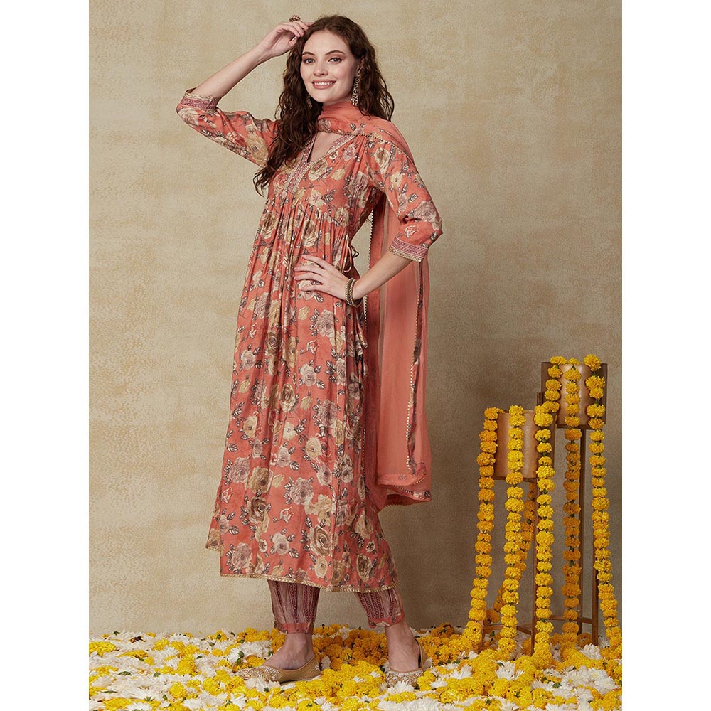 FASHOR Printed Kurta with Pant & Dupatta - Peach (Set of 3)