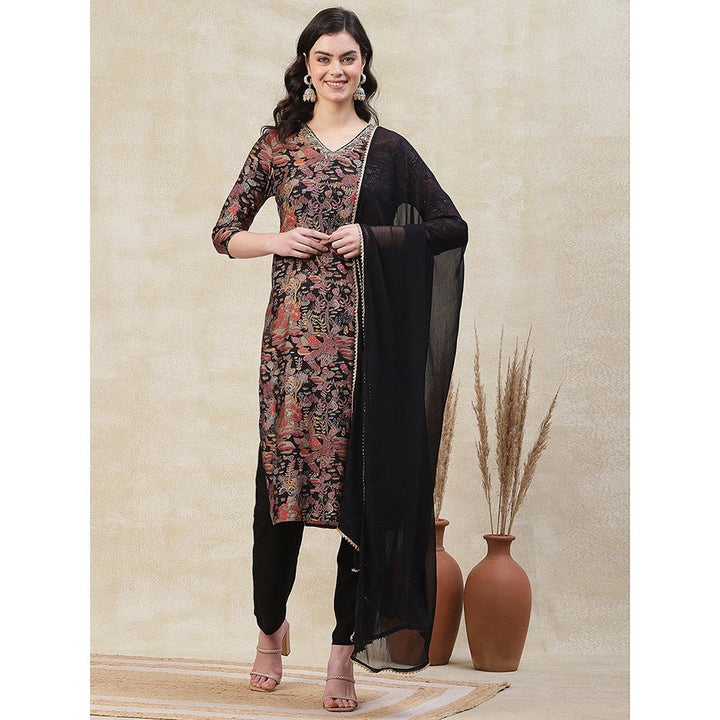 FASHOR Floral Printed Kurta with Pant & Dupatta - Black (Set of 3)