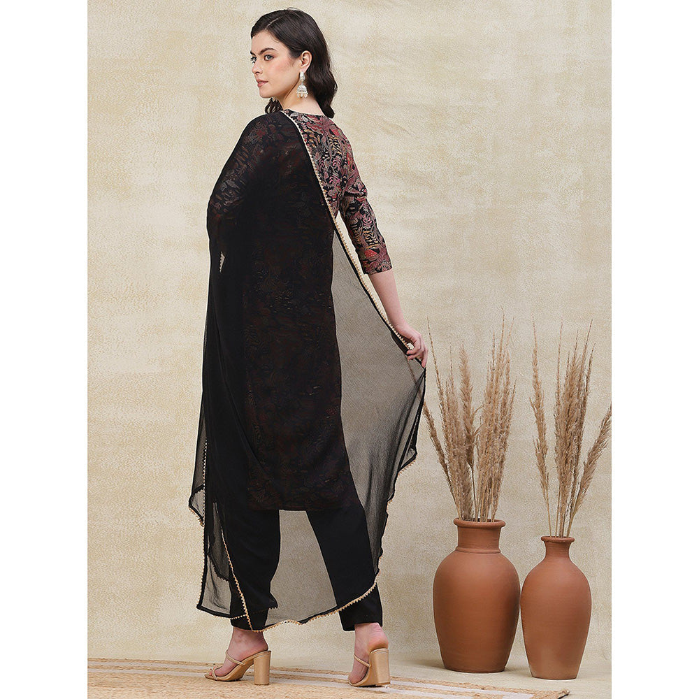 FASHOR Floral Printed Kurta with Pant & Dupatta - Black (Set of 3)