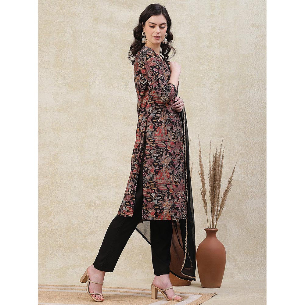 FASHOR Floral Printed Kurta with Pant & Dupatta - Black (Set of 3)