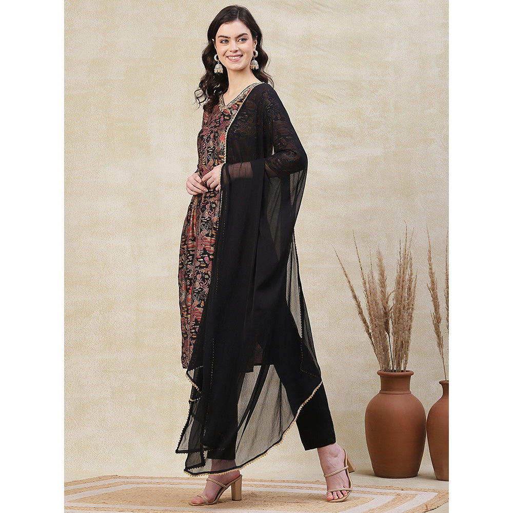 FASHOR Floral Printed Kurta with Pant & Dupatta - Black (Set of 3)