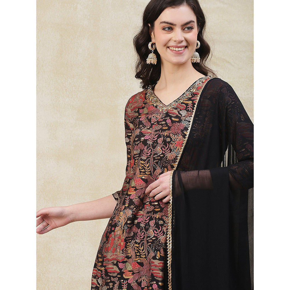 FASHOR Floral Printed Kurta with Pant & Dupatta - Black (Set of 3)