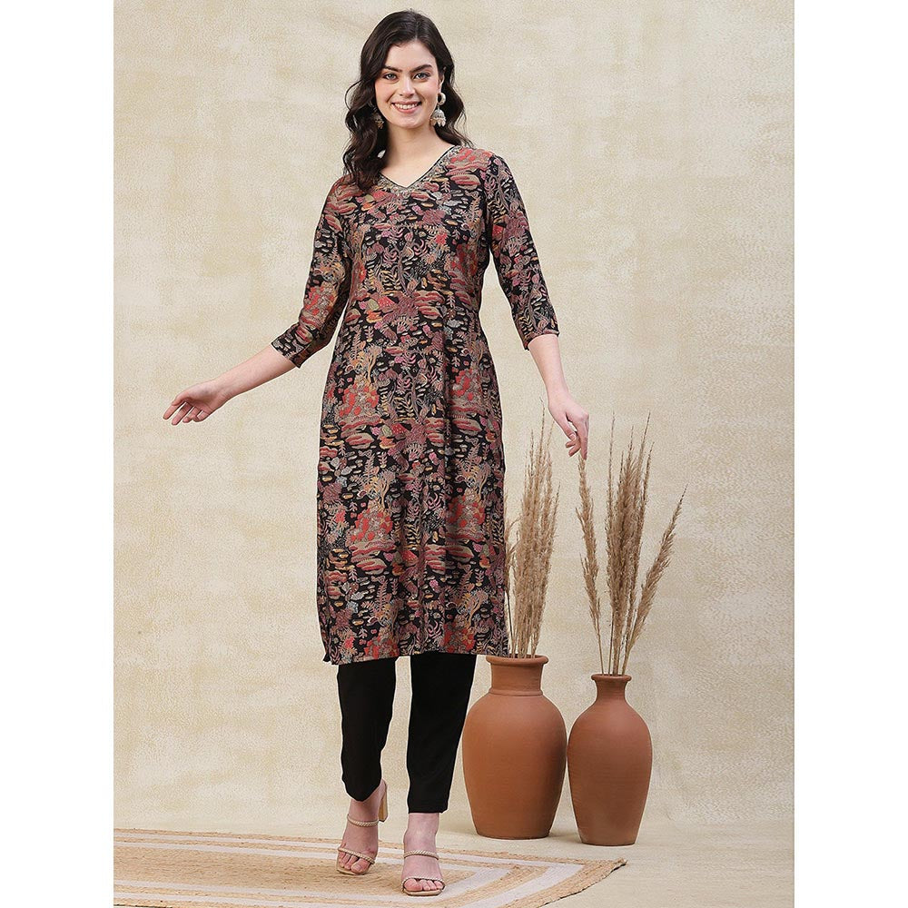 FASHOR Floral Printed Kurta with Pant & Dupatta - Black (Set of 3)