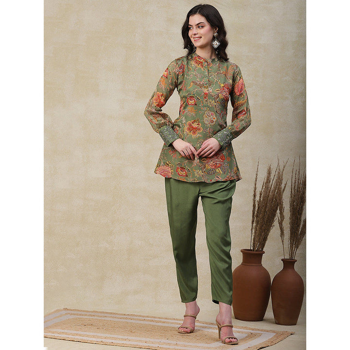 FASHOR Printed & Embroidered Kurta with Pant - Green (Set of 2)