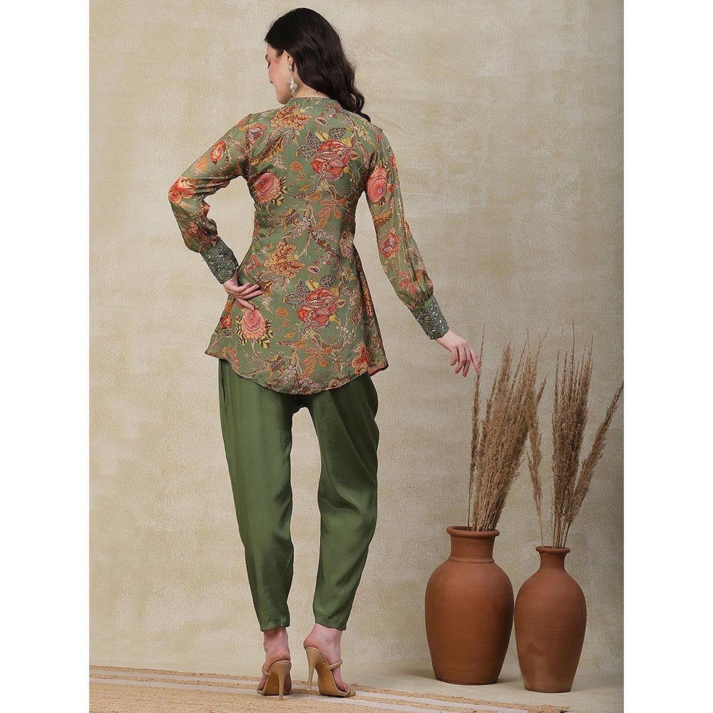 FASHOR Printed & Embroidered Kurta with Pant - Green (Set of 2)