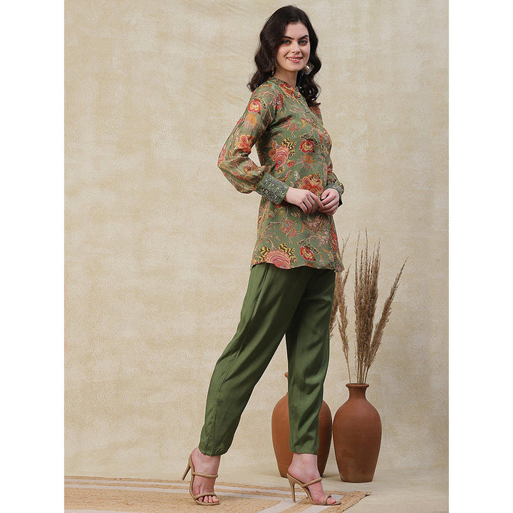 FASHOR Printed & Embroidered Kurta with Pant - Green (Set of 2)