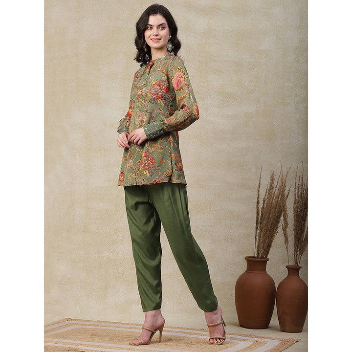 FASHOR Printed & Embroidered Kurta with Pant - Green (Set of 2)