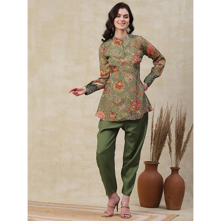 FASHOR Printed & Embroidered Kurta with Pant - Green (Set of 2)