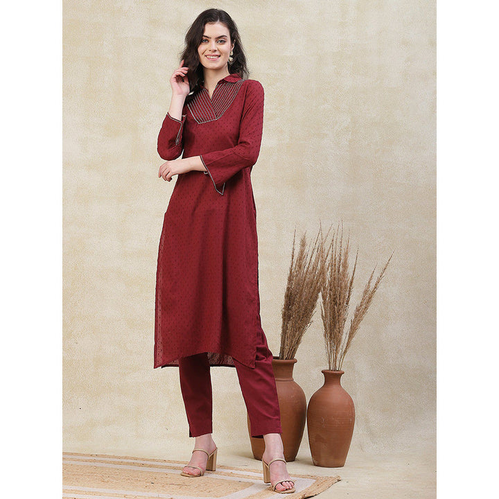 FASHOR Woven Buti Design Kurta with Pant - Maroon (Set of 2)