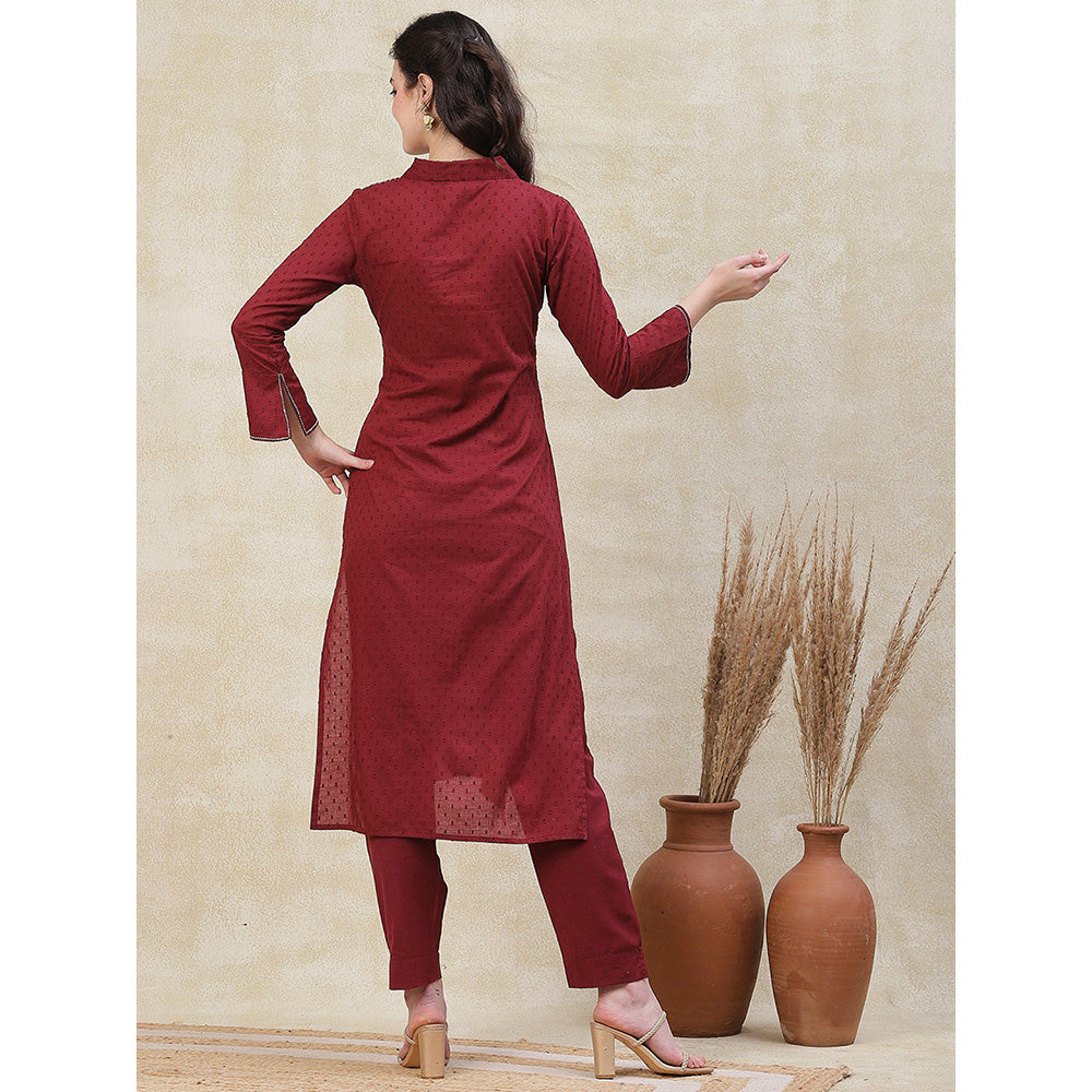 FASHOR Woven Buti Design Kurta with Pant - Maroon (Set of 2)