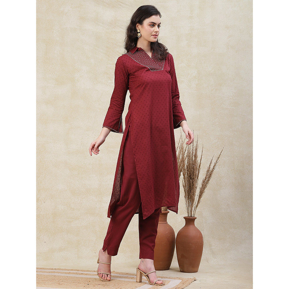 FASHOR Woven Buti Design Kurta with Pant - Maroon (Set of 2)