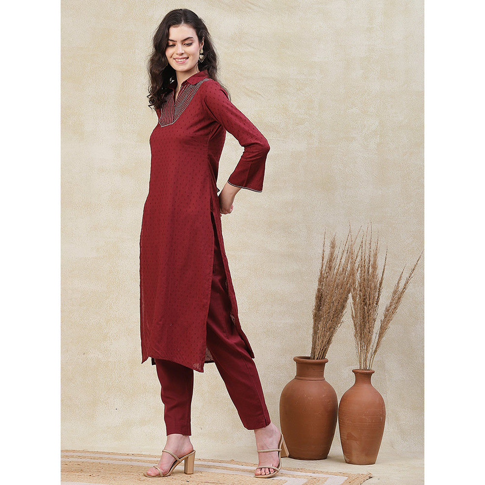 FASHOR Woven Buti Design Kurta with Pant - Maroon (Set of 2)