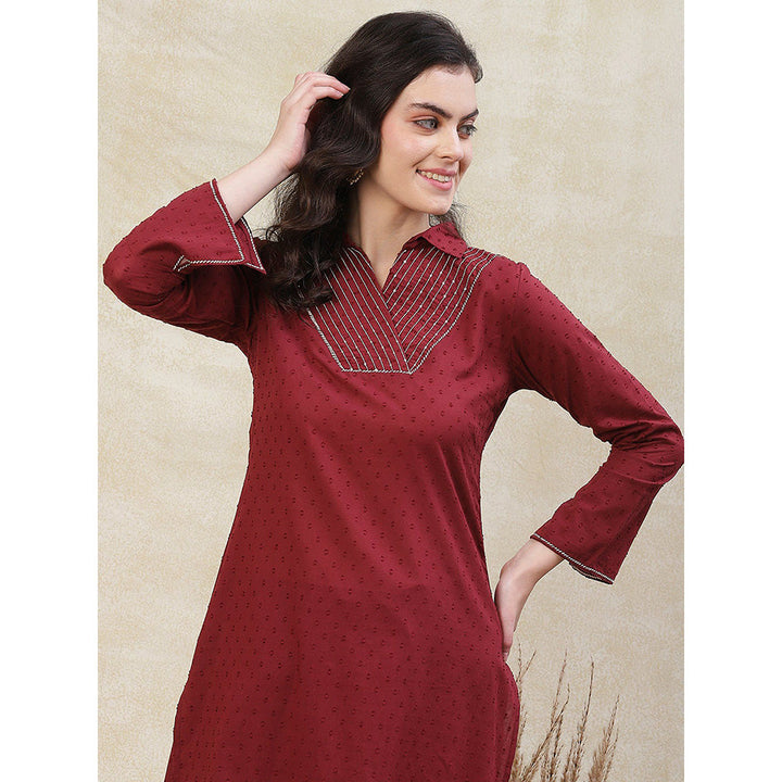 FASHOR Woven Buti Design Kurta with Pant - Maroon (Set of 2)