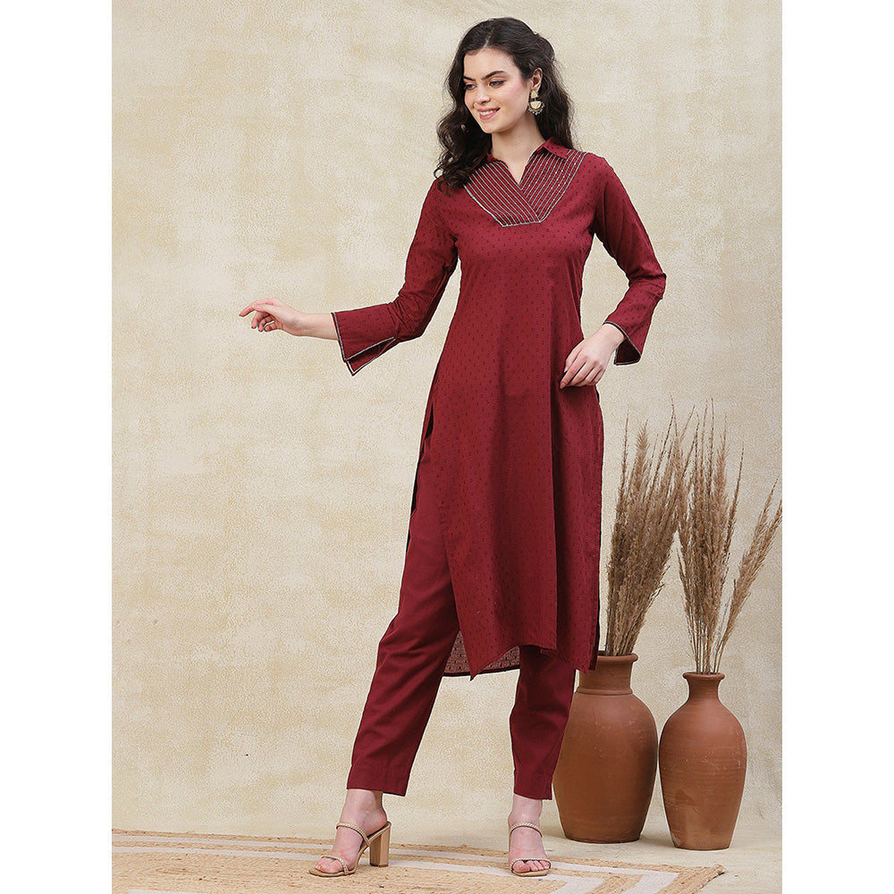 FASHOR Woven Buti Design Kurta with Pant - Maroon (Set of 2)