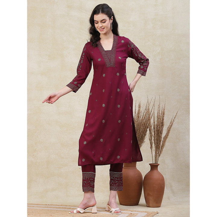 FASHOR Ethnic Printed Kurta with Printed Pant - Burgundy (Set of 2)