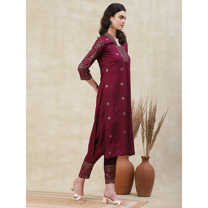 FASHOR Ethnic Printed Kurta with Printed Pant - Burgundy (Set of 2)