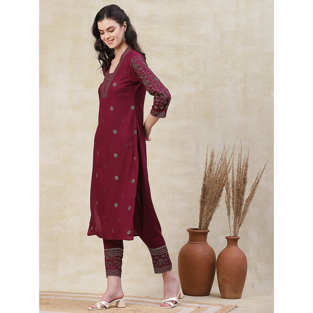 FASHOR Ethnic Printed Kurta with Printed Pant - Burgundy (Set of 2)