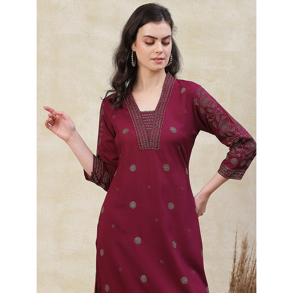 FASHOR Ethnic Printed Kurta with Printed Pant - Burgundy (Set of 2)