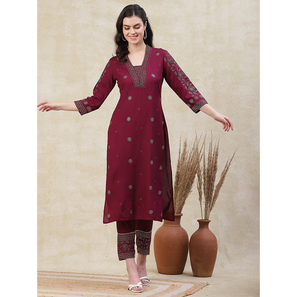 FASHOR Ethnic Printed Kurta with Printed Pant - Burgundy (Set of 2)