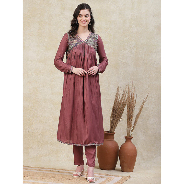 FASHOR Solid Brocade Yoke Kurta with Pant - Rose Gold (Set of 2)