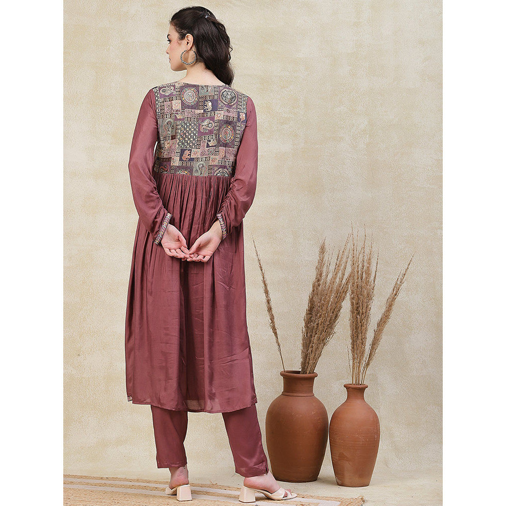 FASHOR Solid Brocade Yoke Kurta with Pant - Rose Gold (Set of 2)