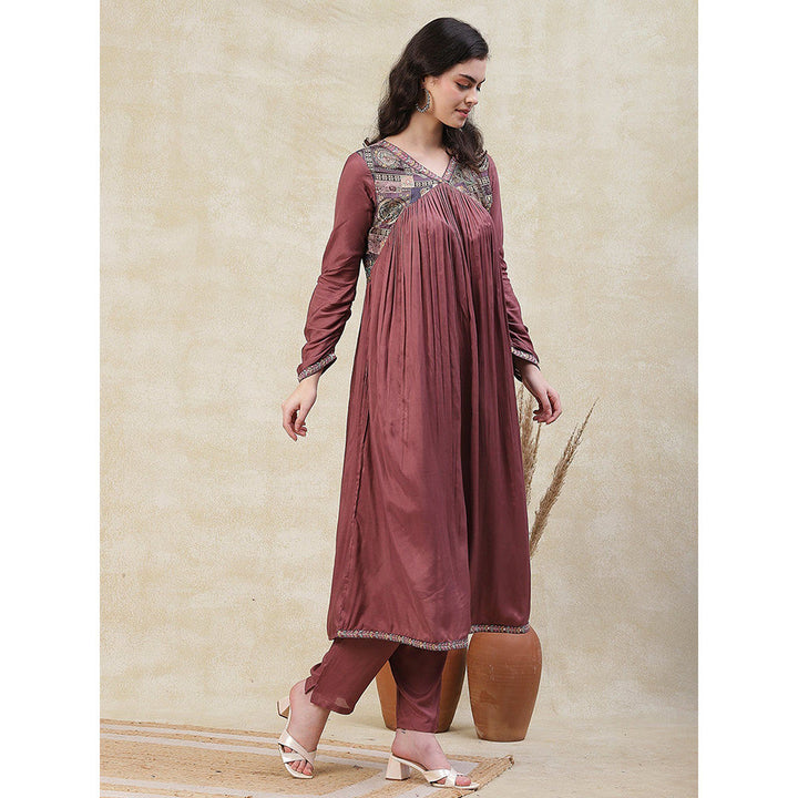 FASHOR Solid Brocade Yoke Kurta with Pant - Rose Gold (Set of 2)