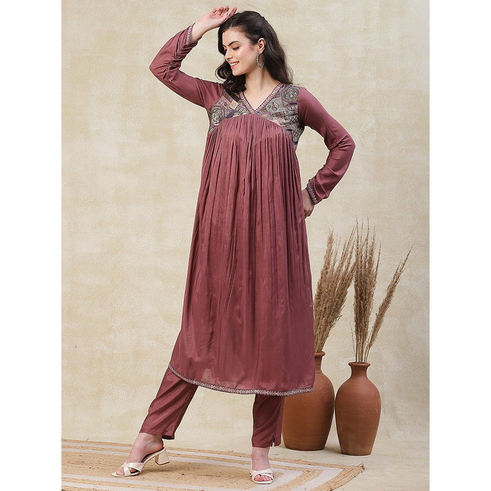 FASHOR Solid Brocade Yoke Kurta with Pant - Rose Gold (Set of 2)