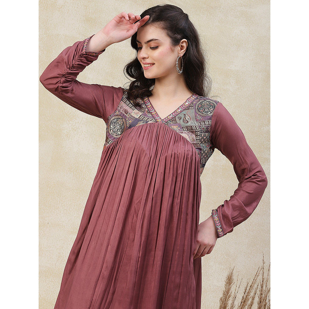 FASHOR Solid Brocade Yoke Kurta with Pant - Rose Gold (Set of 2)