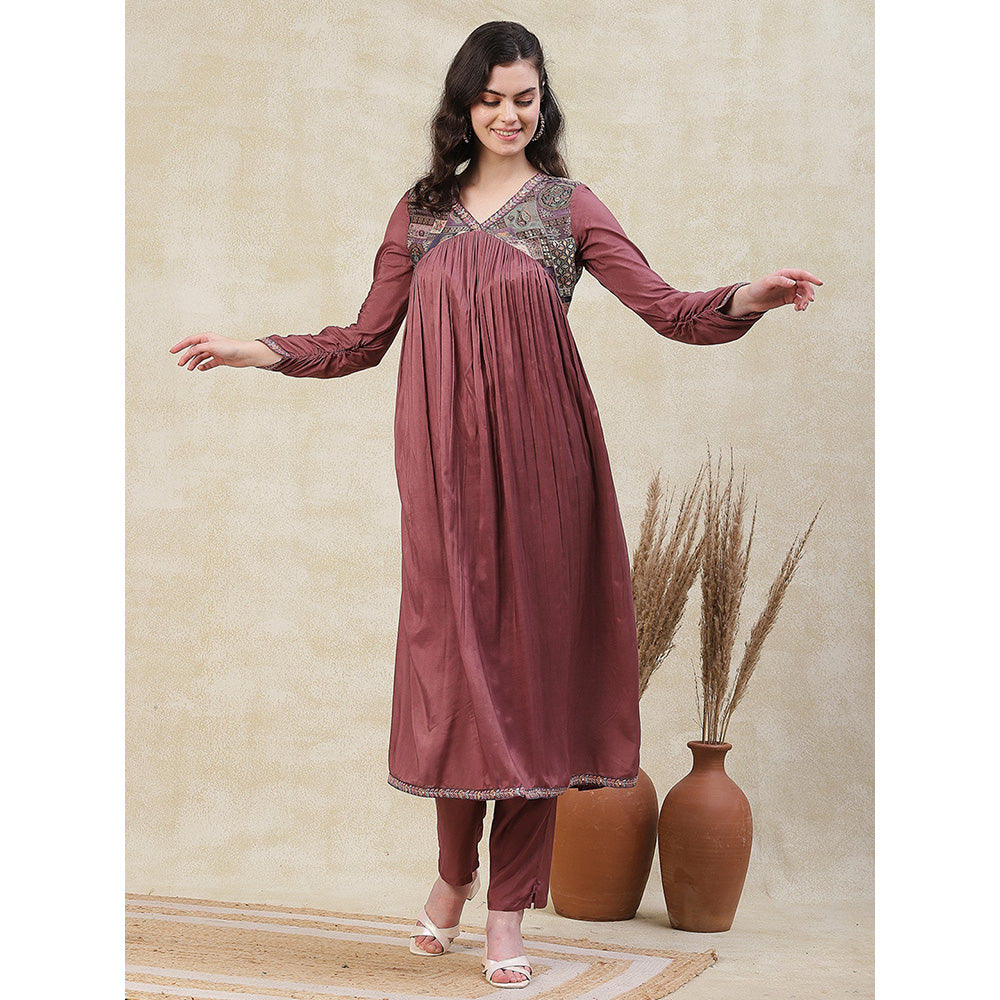 FASHOR Solid Brocade Yoke Kurta with Pant - Rose Gold (Set of 2)