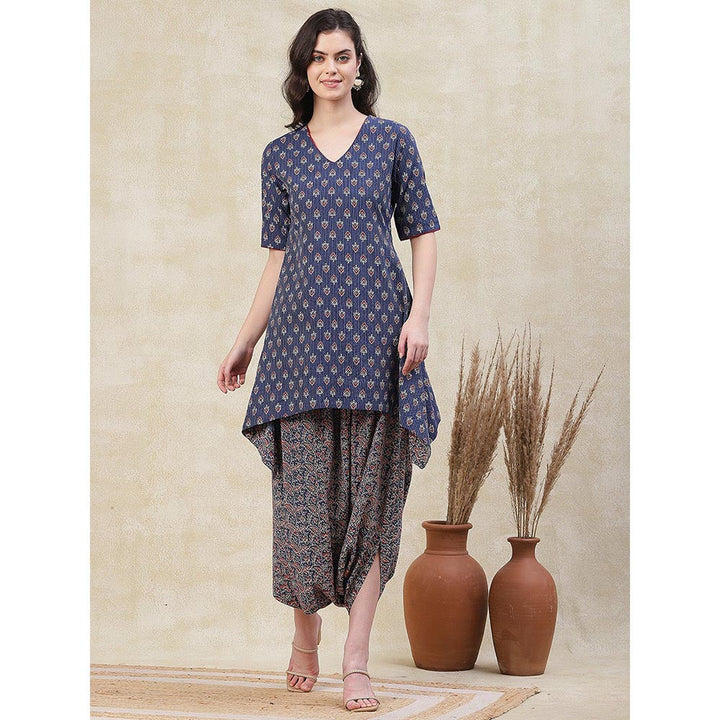 FASHOR Ethnic Printed A-Line Kurta with Harem Pant - Blue (Set of 2)