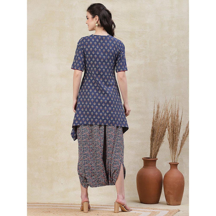 FASHOR Ethnic Printed A-Line Kurta with Harem Pant - Blue (Set of 2)