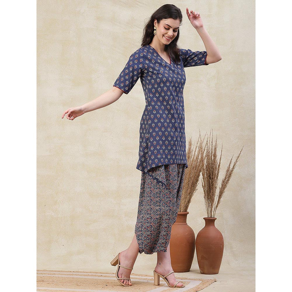 FASHOR Ethnic Printed A-Line Kurta with Harem Pant - Blue (Set of 2)