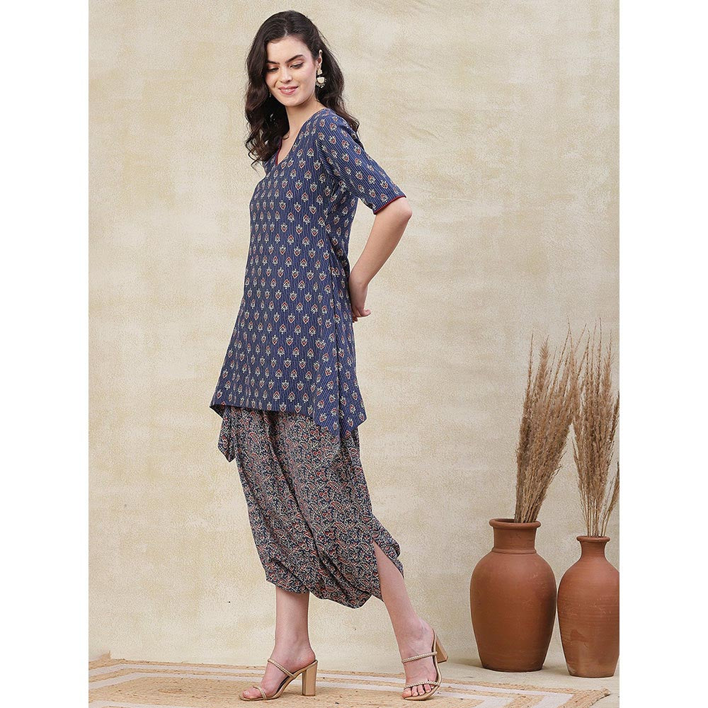 FASHOR Ethnic Printed A-Line Kurta with Harem Pant - Blue (Set of 2)