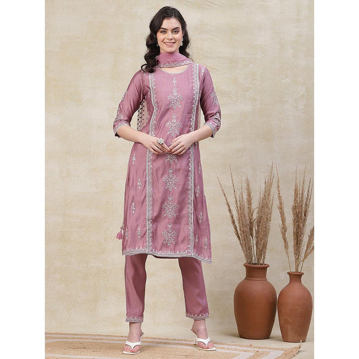 FASHOR Embroidered Kurta with Pant & Dupatta - Pink (Set of 3)