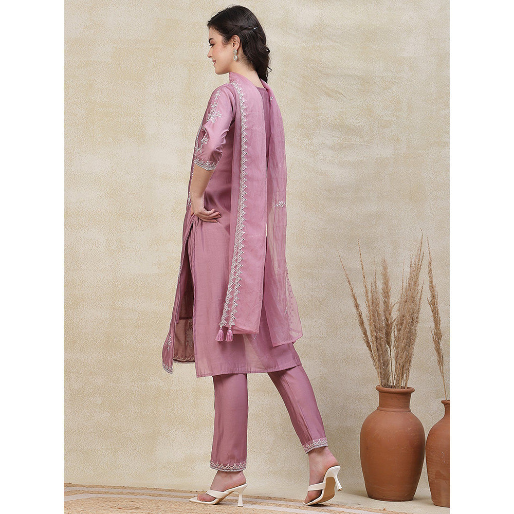 FASHOR Embroidered Kurta with Pant & Dupatta - Pink (Set of 3)