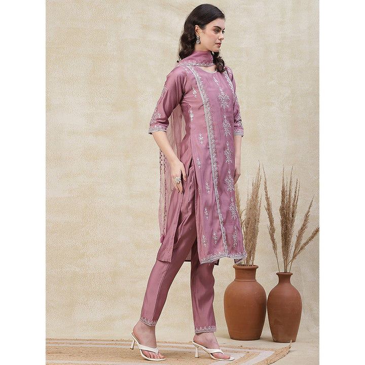 FASHOR Embroidered Kurta with Pant & Dupatta - Pink (Set of 3)