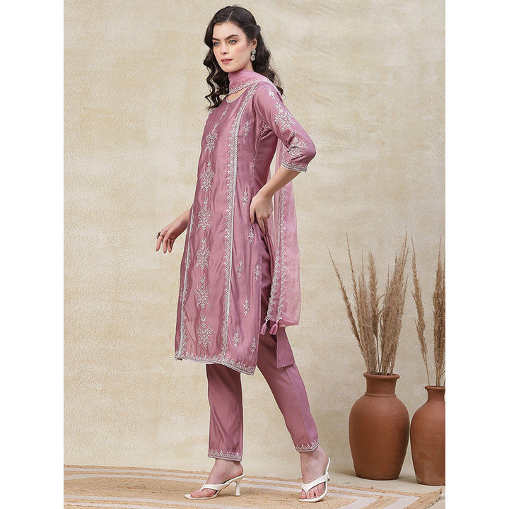 FASHOR Embroidered Kurta with Pant & Dupatta - Pink (Set of 3)