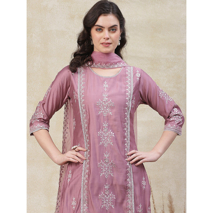 FASHOR Embroidered Kurta with Pant & Dupatta - Pink (Set of 3)