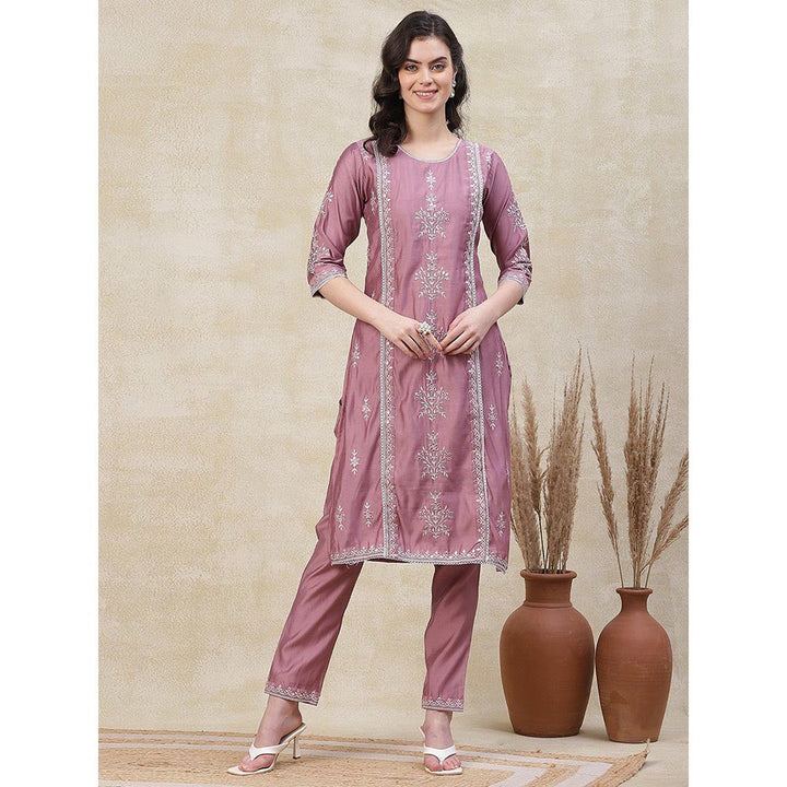 FASHOR Embroidered Kurta with Pant & Dupatta - Pink (Set of 3)