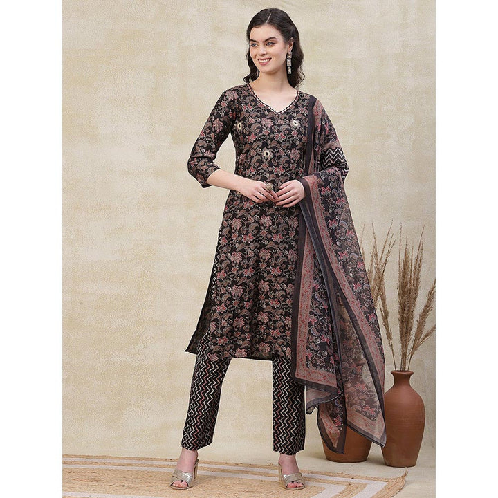 FASHOR Floral Printed Kurta with Pant & Dupatta - Black (Set of 3)