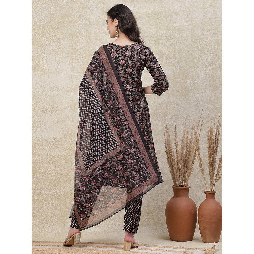 FASHOR Floral Printed Kurta with Pant & Dupatta - Black (Set of 3)