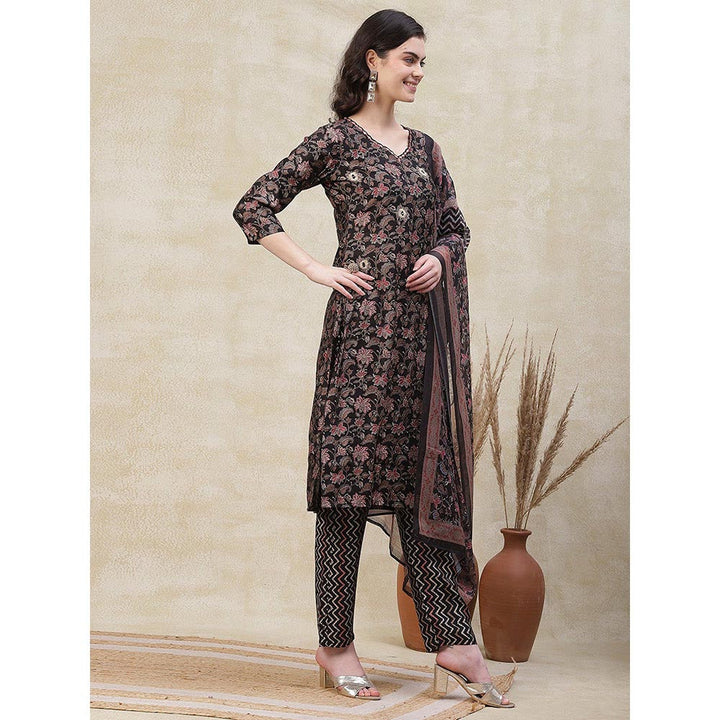 FASHOR Floral Printed Kurta with Pant & Dupatta - Black (Set of 3)