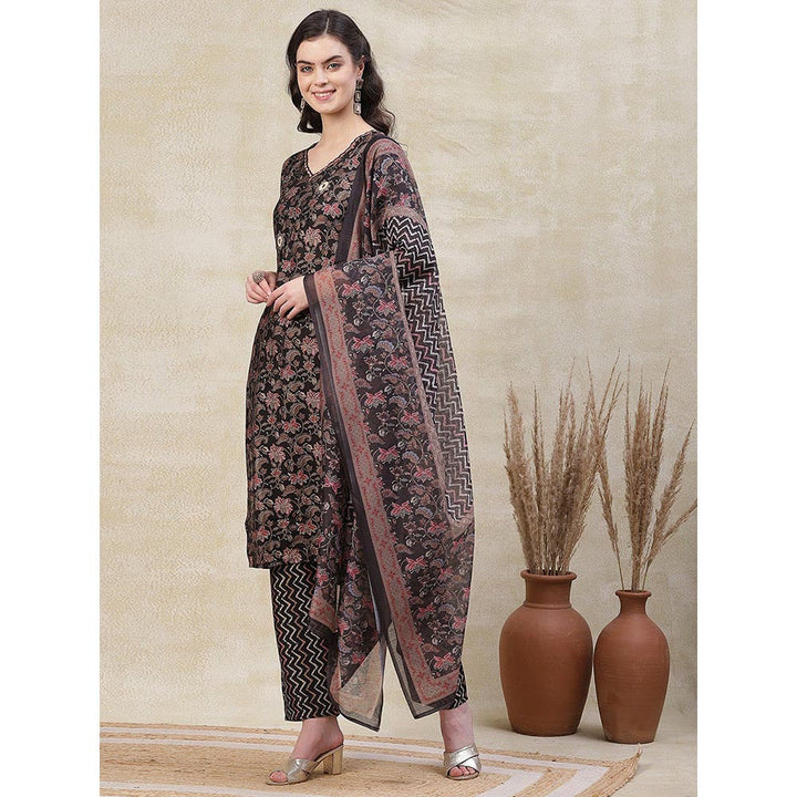 FASHOR Floral Printed Kurta with Pant & Dupatta - Black (Set of 3)