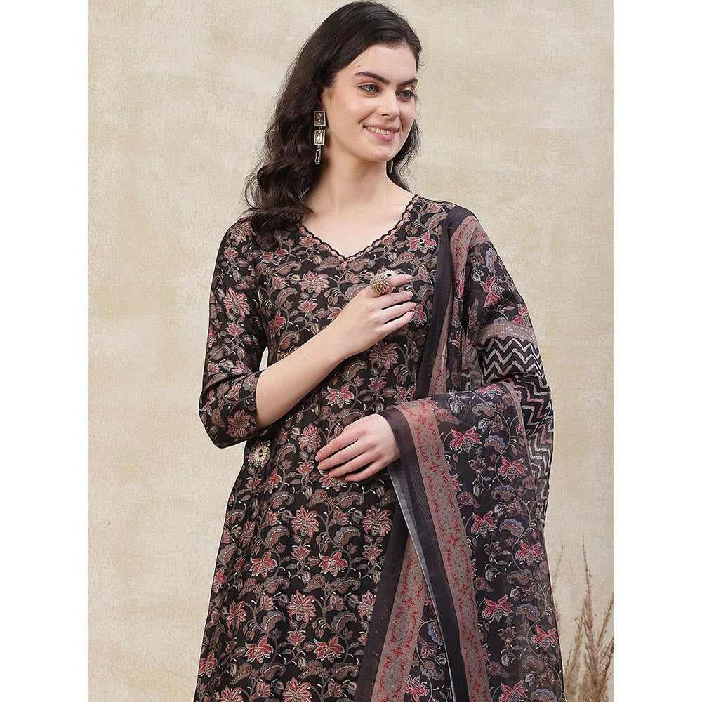 FASHOR Floral Printed Kurta with Pant & Dupatta - Black (Set of 3)