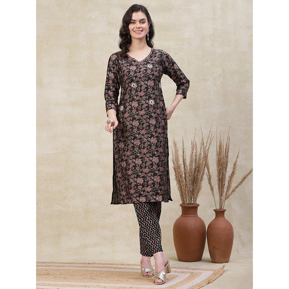 FASHOR Floral Printed Kurta with Pant & Dupatta - Black (Set of 3)