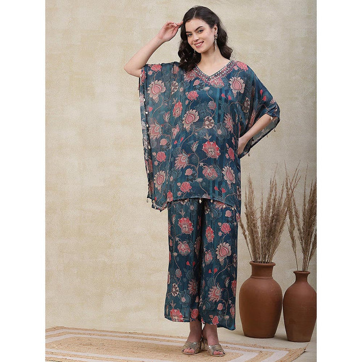 FASHOR Floral Printed Embroidered Kaftan with Palazzo & Inner - Blue (Set of 3)